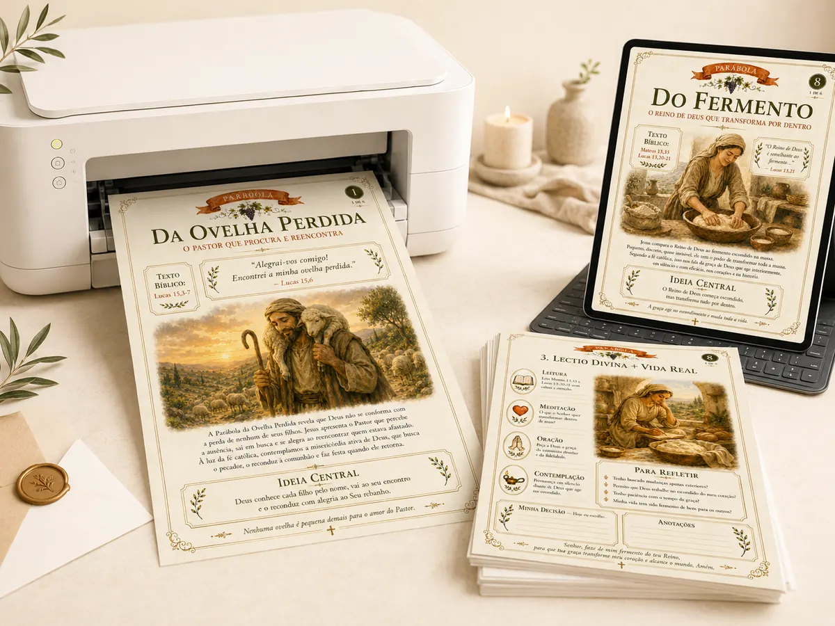 Páginas do Kit Parábolas de Jesus saindo da impressora ao lado de tablet exibindo a parábola do fermento.