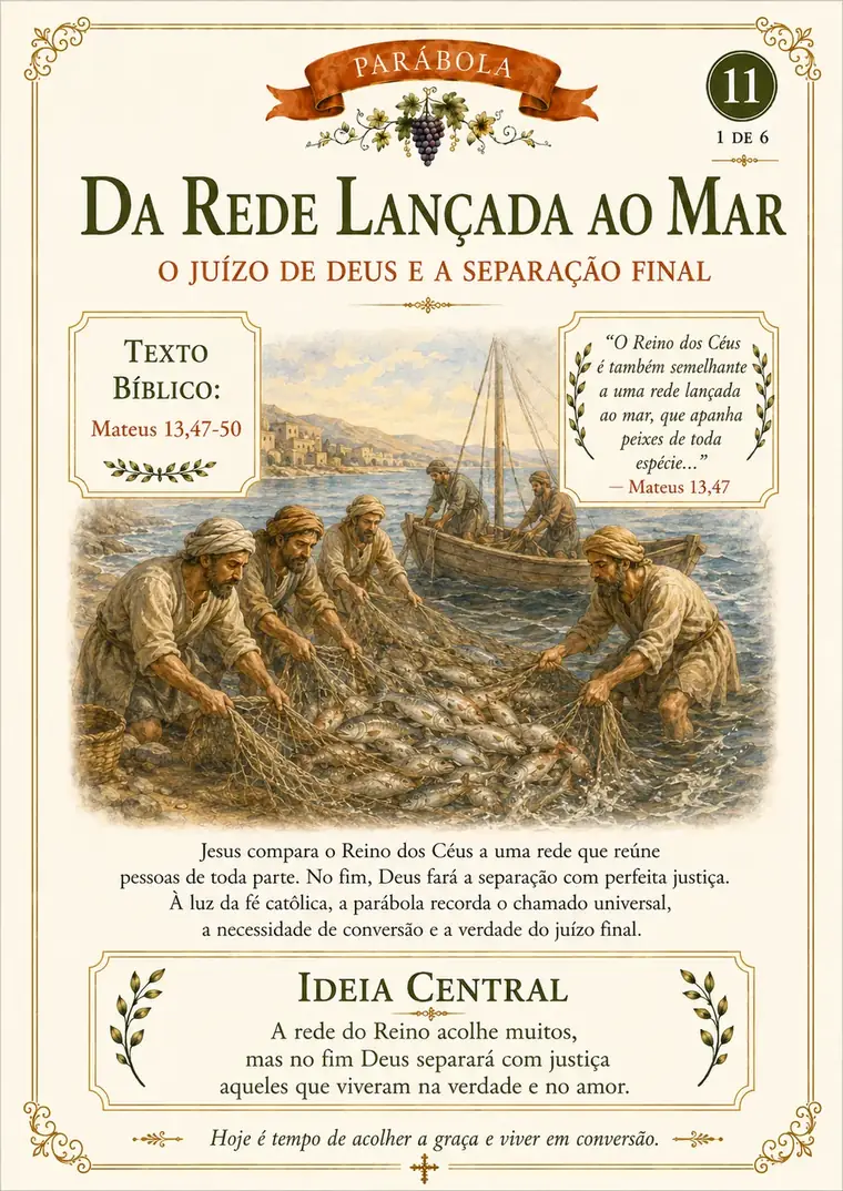 Parábola da Rede Lançada ao Mar — página de abertura com texto bíblico e ideia central.