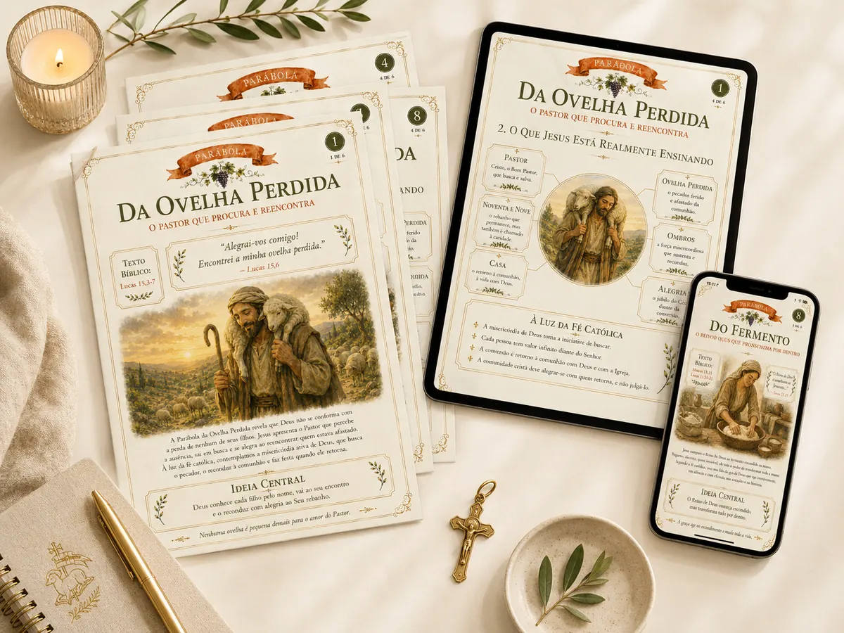 Kit Parábolas de Jesus exibido em páginas impressas, tablet e celular sobre mesa clara com vela e ramo de oliveira.